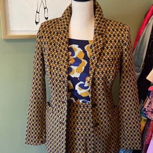 CAbi Gold and Blue Geometric Blazer and matching skirt